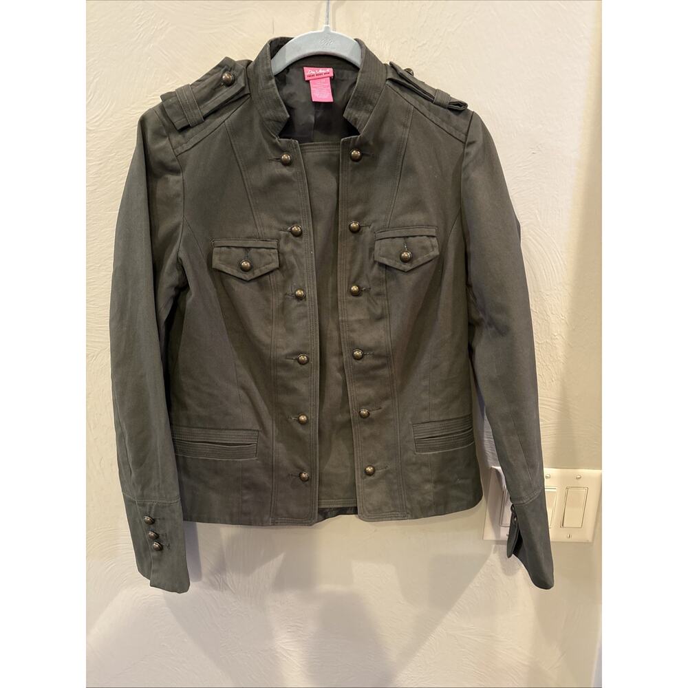 Du Jour Womens XS Olive Green Military Utility Jacket Brass Buttons Open Front